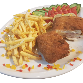 Chicken cordon bleu with fries