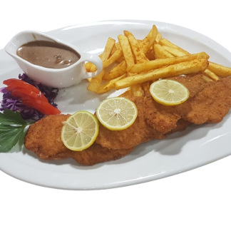 Hunters escalope with mushroom sauce and fries